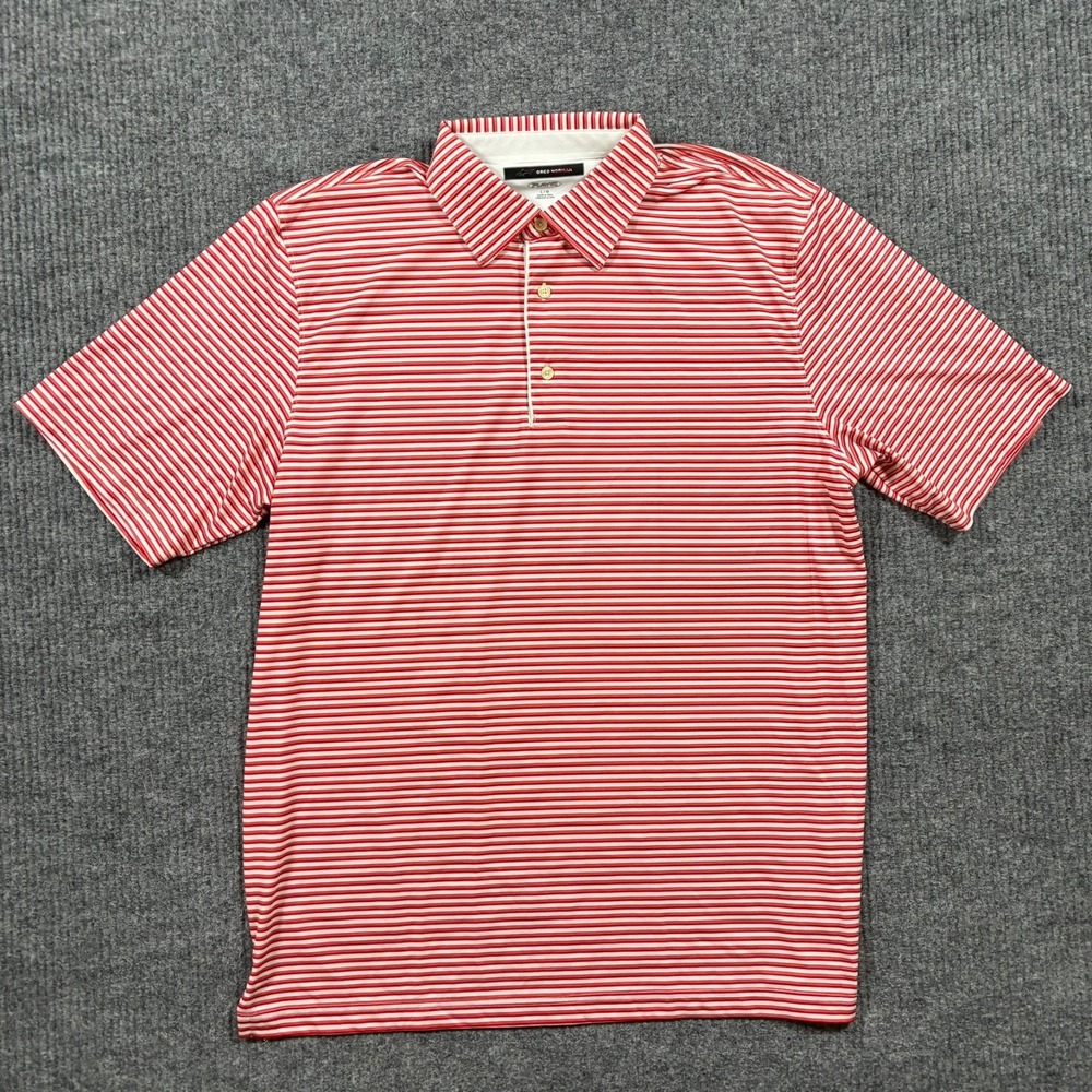 Greg Norman Play Dry Polo Shirt Mens Large Red White Striped Golf Preppy Sports